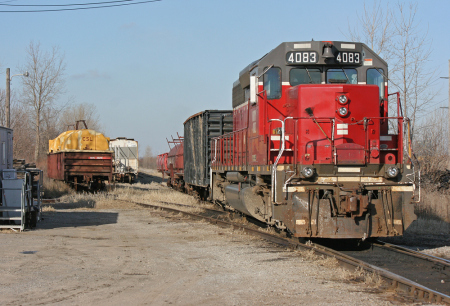 An Indiana & Ohio locomotive idles in the yard at Delta, Ohio, awaiting its next assignment.