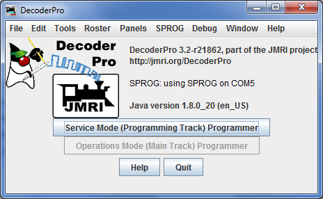 JMRI DecoderPro showing connection to the SPROG