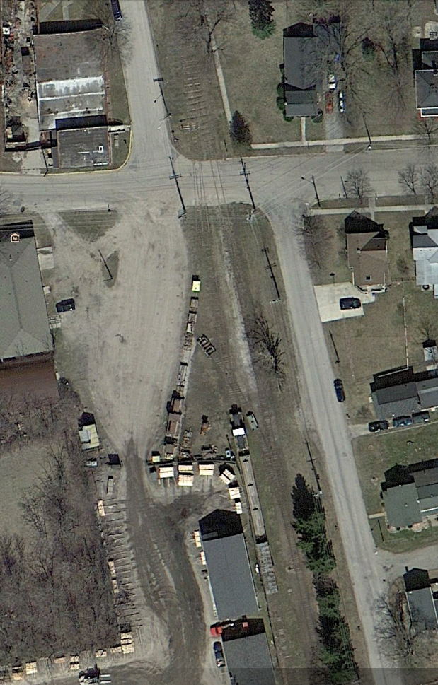 View of unique track arrangement in Clinton. because of limited space, the railroad had to cross it's own track twice to access the mills.