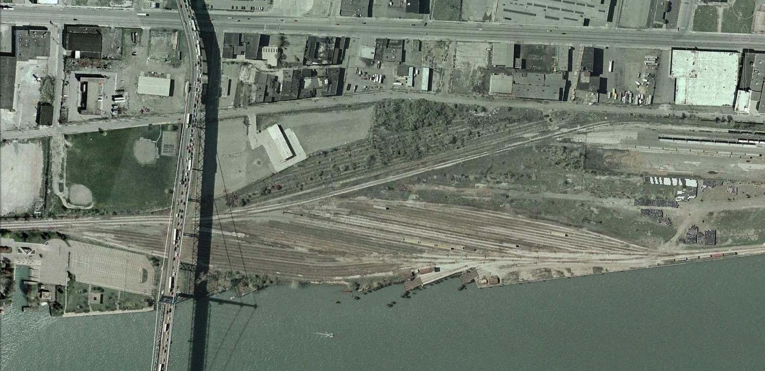N&W Car Float Yard in 2002. The tracks on the lower left that terminate just beyond the bridge were used for the car float operation.