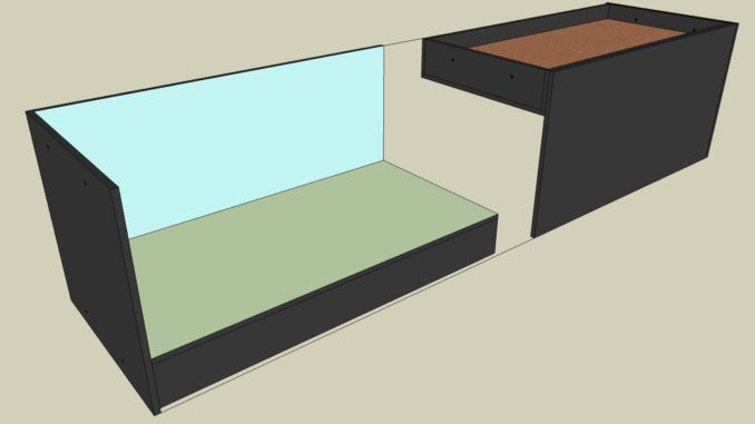 Rotate one half and slide the sections together to create the box for transport.